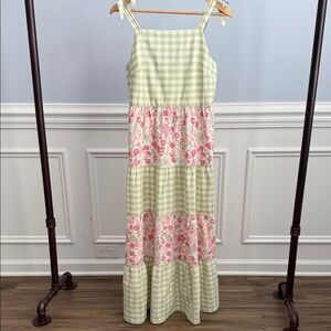 Rachel Zoe Green Gingham Pink Floral Tiered Maxi Sundress Dress Sz 6